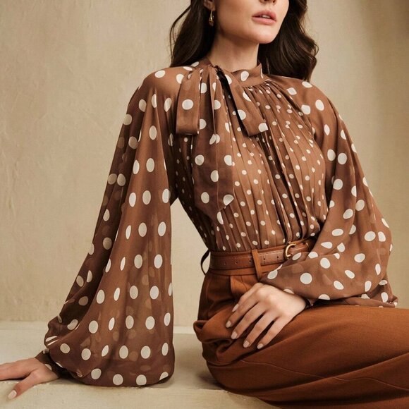 Brown Elegant Womens Polka Dot Pleated detailed bow Tie Front Long Sleeve Blouse - Picture 3 of 8